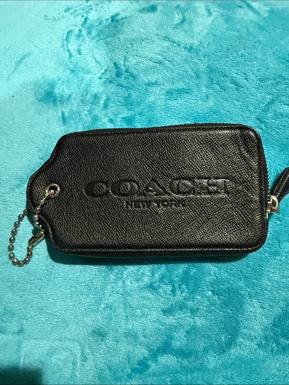 Coach Black Embossed Leather Zip Key Pouch with Chain
